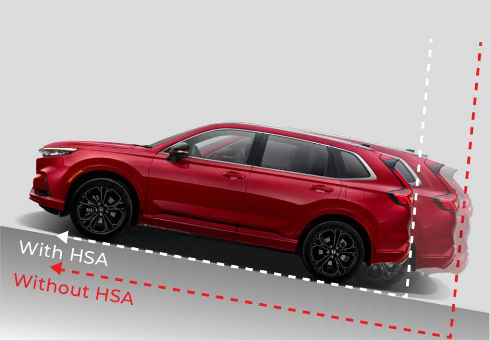 Hill Start Assist (HSA)Hill Start Assist berfungsi untuk mencegah kendaraan bergerak mundur saat pengemudi memindahkan kaki dari pedal rem ke pedal gas saat berhenti di jalan menanjak.
Sistem ini otomatis berfungsi saat sistem mendeteksi kendaraan berhenti mengahadap jalan menanjak, atau dalam posisi gigi mundur saat kendaraan menghadap jalan menurun.