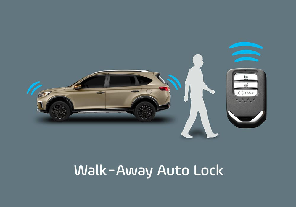 Walk-Away Auto LockKetika mesin mati dan kunci mobil tidak terdeteksi maka sensor segera mengunci pintu secara otomatis saat pengemudi jalan sejauh 2 meter meninggalkan mobil.