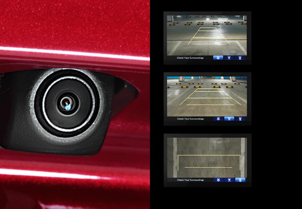 Multi Angle Rear View Camera
Kini memarkir mobil menjadi lebih mudah dengan fitur Multi Angle Rear View Camera. Kamera mundur ini menyediakan tiga mode tampilan, yaitu:
Normal View, untuk melihat kondisi di belakang mobil Anda.
Wide View, untuk melihat kondisi di belakang mobil dengan sudut pandang lebih lebar di bagian kiri dan kanan.
3Top View, untuk melihat kondisi tepat di bagian bawah mobil Anda.